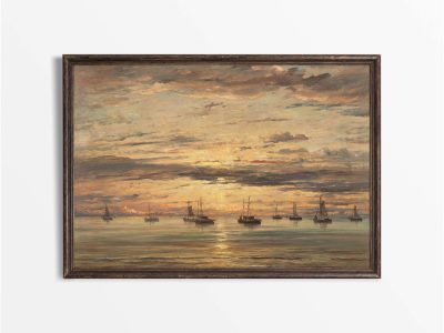 Boats at Sunset Vintage Art Print