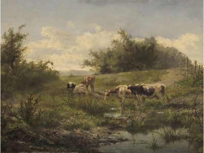 Cows at a Pond Vintage Art Print