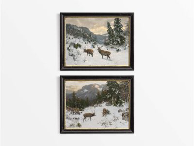 Deer in Winter II (Set of Two) Vintage Art Prints