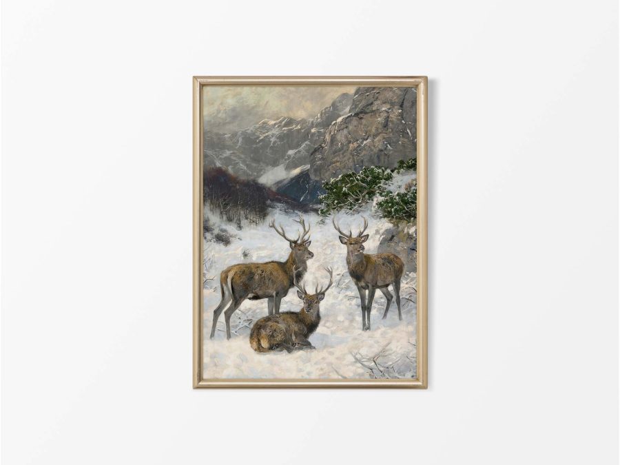 Deer in Winter II Vintage Art Print