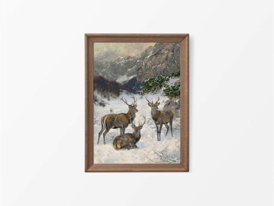 Deer in Winter II Vintage Art Print