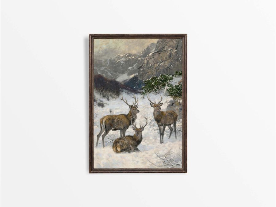 Deer in Winter II Vintage Art Print