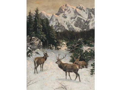 Deer in Winter III Vintage Art Print