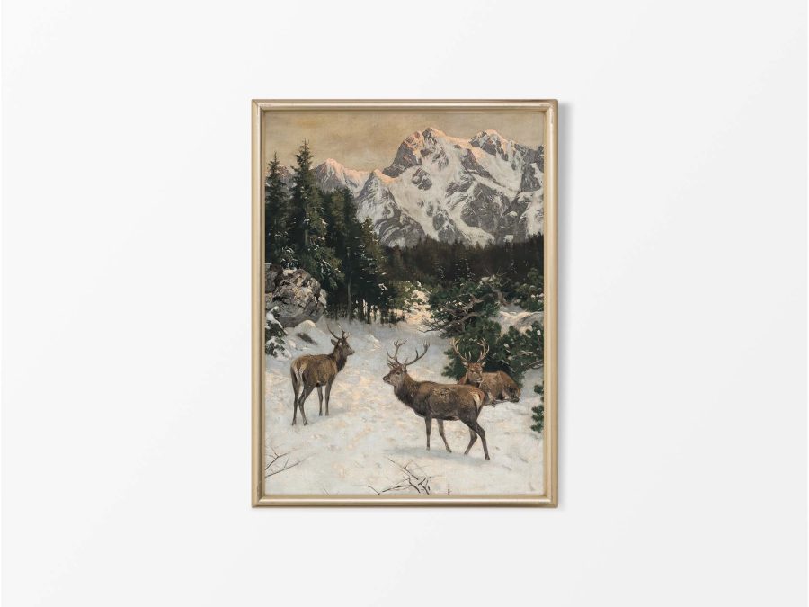 Deer in Winter III Vintage Art Print