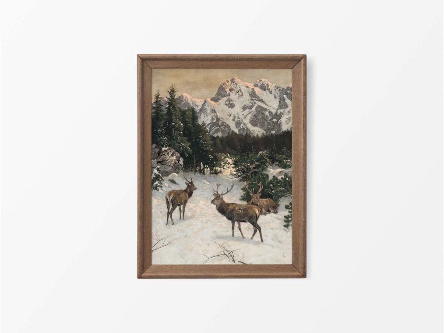 Deer in Winter III Vintage Art Print