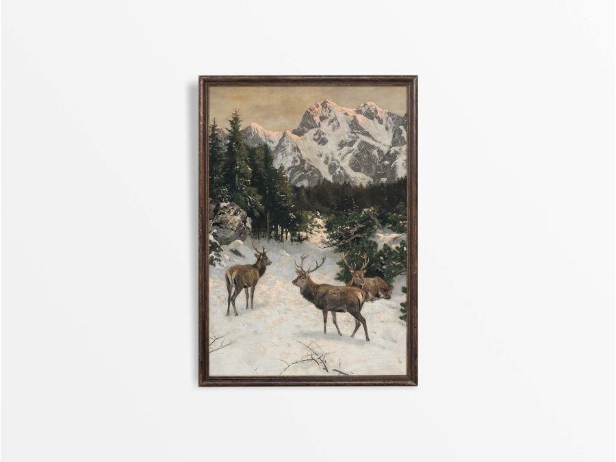 Deer in Winter III Vintage Art Print