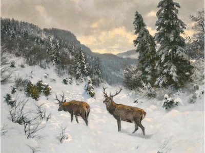 Deer in Winter IV Vintage Art Print