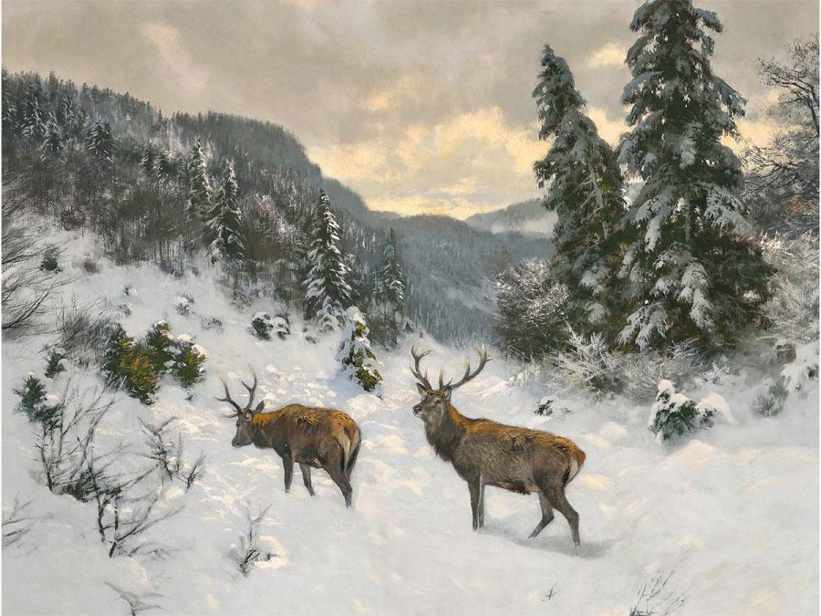 Deer in Winter IV Vintage Art Print