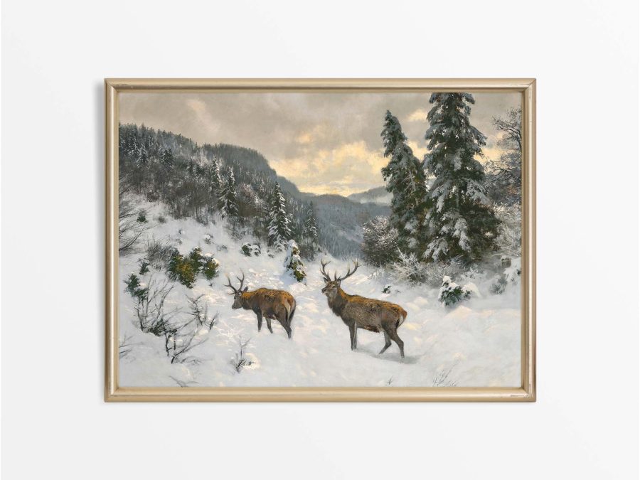 Deer in Winter IV Vintage Art Print