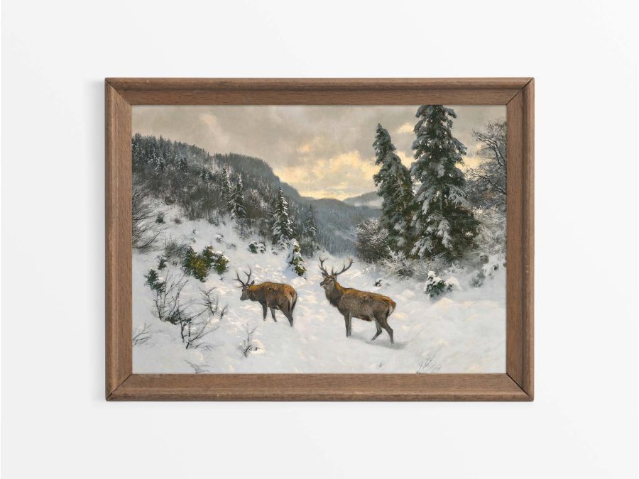 Deer in Winter IV Vintage Art Print