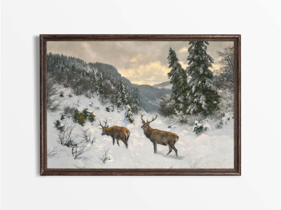 Deer in Winter IV Vintage Art Print