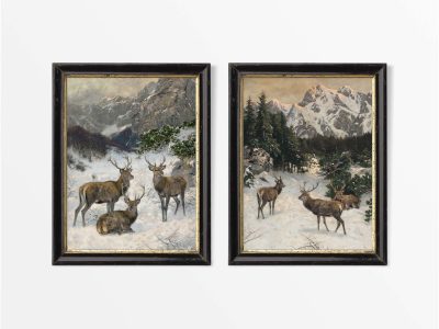 Deer in Winter (Set of Two) Vintage Art Prints