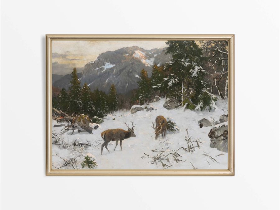 Deer in Winter Vintage Art Print