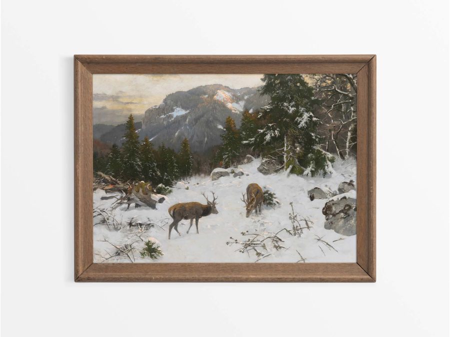 Deer in Winter Vintage Art Print