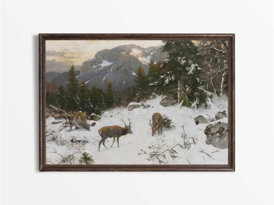 Deer in Winter Vintage Art Print