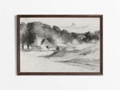 Cottage Landscape Sketch Vintage Art Print