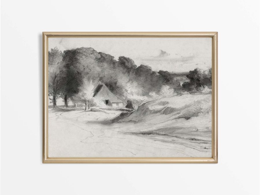 Cottage Landscape Sketch Vintage Art Print