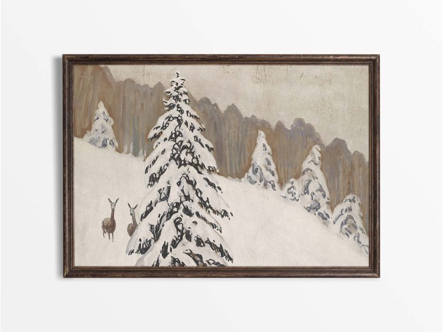 Deer in Snow Vintage Art Print