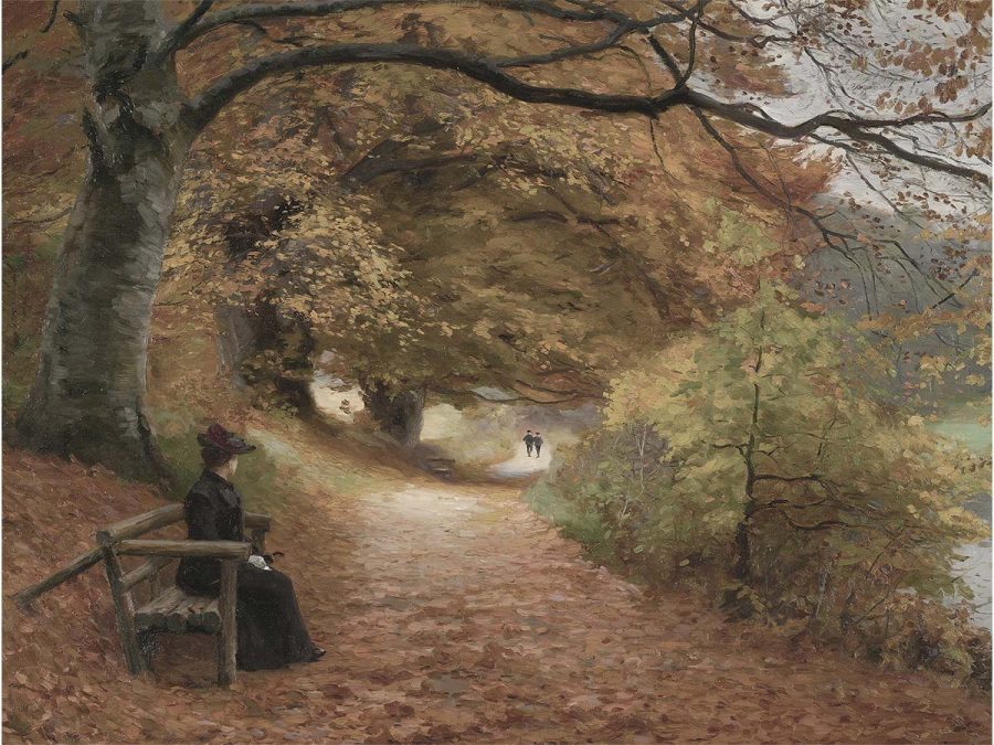 Lady on Bench Autumn Landscape Vintage Art Print