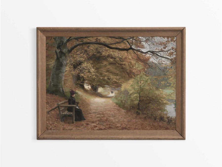 Lady on Bench Autumn Landscape Vintage Art Print