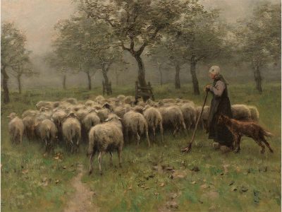 Shepherdess and Sheep Vintage Art Print