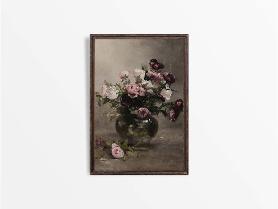 Vase of Roses Vintage Art Print